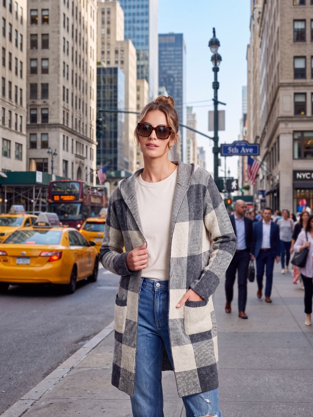Plaid Hooded Open-Front Coatigan